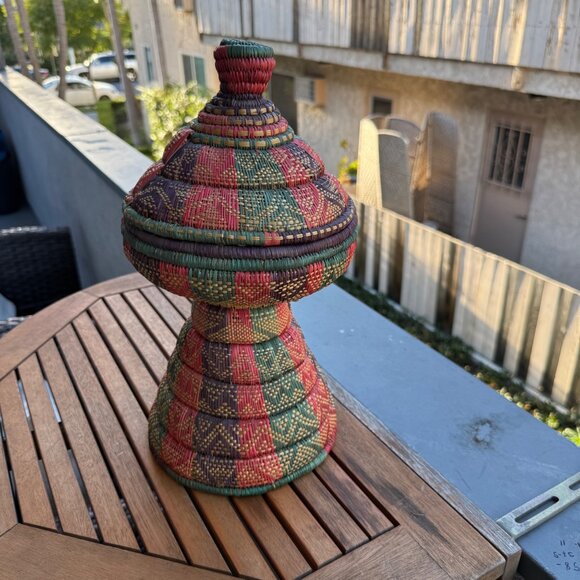 Handwoven African Basket With Lid - Multicolor Red/Green/Purple - Natural Grass - Picture 7 of 7